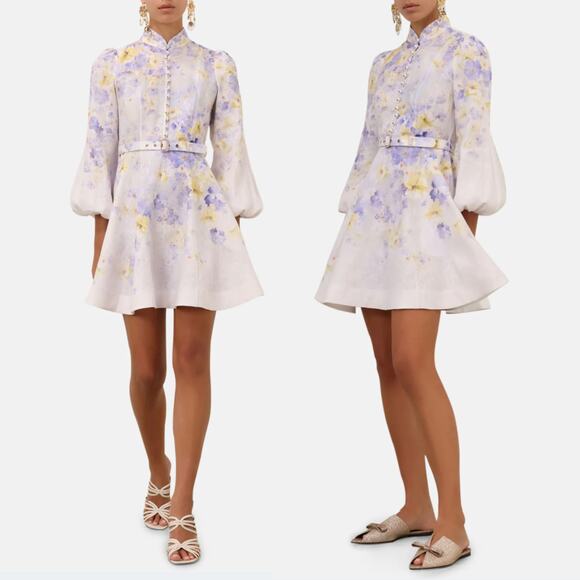 Zimmermann 2, US 6 Crush Buttoned Mini Dress | Lilac Floral Linen 2025 NWOT $950 - Picture 3 of 10